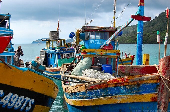 Les bateaux de pêche avant la sortie en mer, Con Dao