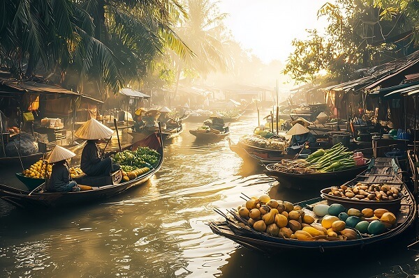 Illustration du marché flottant dans le delta du Mékong