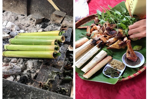 Riz cuit en bambou et poulet grillé