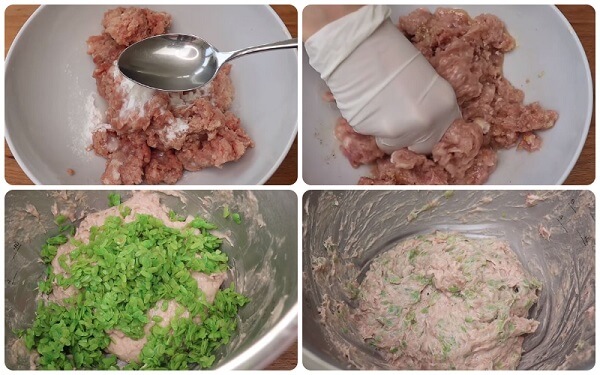 Mélanger les saucisses crues, le cốm et les autres ingrédients