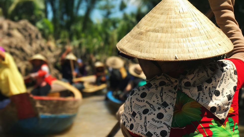 Balade entre les rangées de noix de coco